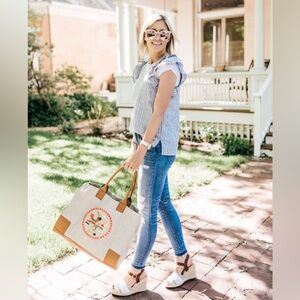 Tory Burch Embroidered T Logo Canvas Ella Tote Carryall Weekender Bag